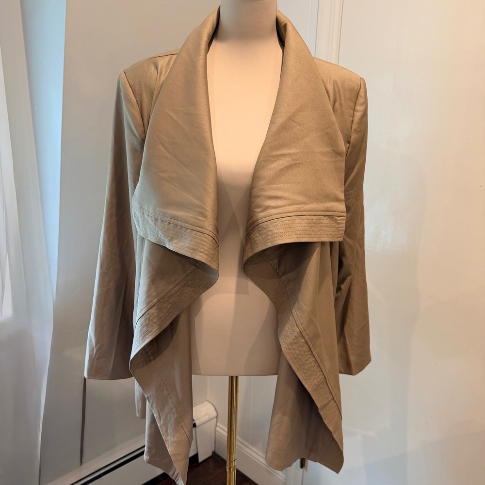 Pickrui Tan Drape Neck Trench Coat Open Front Jacket Chic Outerwear | Size M